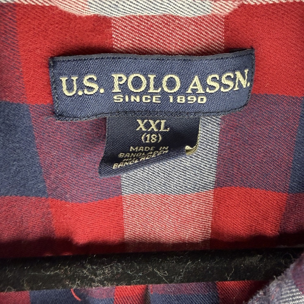 Us Polo Asso Shirt Boys Size 18 Red Blue Plaid Flannel Classic Fit Pocket Preppy - Picture 4 of 11